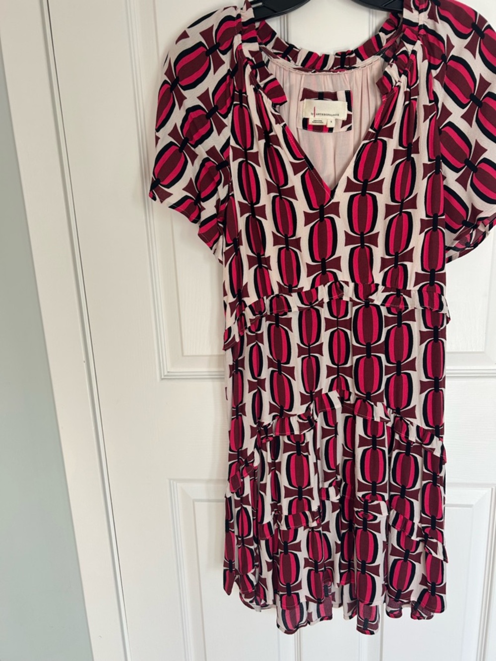 Anthropologie Pink and Black Geometric Tiered Mini Dress